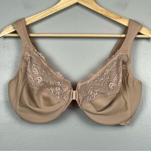 Glamorise beige Wonder-wire front closure lace trimmed comfort strap bra, 38DD.